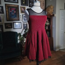 Beautees Red Black Geometric Mesh Neck Fit Flare Dress Party Clubwear