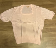 Vintage 1950s Campus Pink Knit Sweater Top Square Neck Short Sleeve Ribbed S M