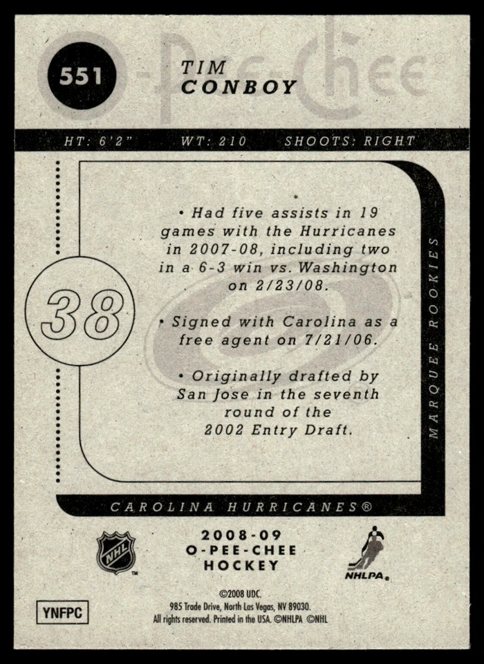 2008-09 O-Pee-Chee MARQUEE ROOKIES Tim Conboy Rookie Carolina Hurricanes #551 - Image 2 of 2