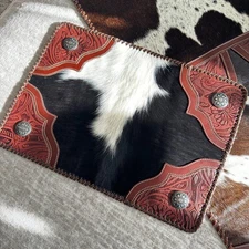 Western Cowhide Leather Placemat - Hand-Tooled Rustic Table Decor with Conchos