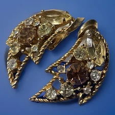 Vintage Signed EMMONS Gold AB Topaz Citrine Color Rhinestone Clipon Earrings P06