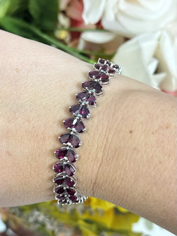 "Brazalete de tenis de doble fila de rodolita granate de plata esterlina de diseño 7,5""" Foto 4 de 4