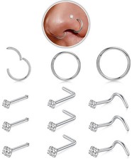Stainless Steel Nose Rings Set 12-Piece Silver Hinged Nose Hoops CZ Studs