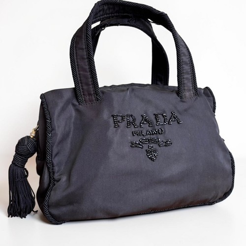 PRADA Handbag Black Tassel Logo Vintage Nylon