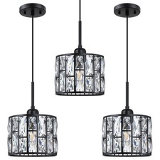 3 Pack 1 Light 5.3" Crystal Hanging Kitchen Island Pendant Light Black Finish