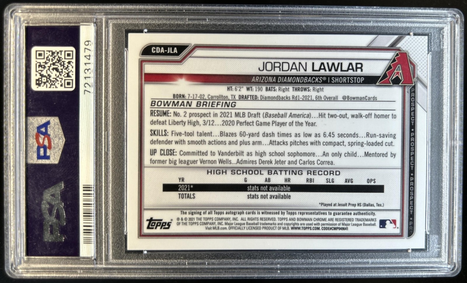 2021 Bowman Draft Jordan Lawlar Chrome Auto Green Refractor RC #/99 PSA 9 view 2