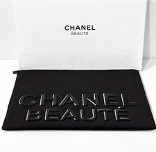 CHANEL BEAUTE Flat Pouch GWP Embroidered Letters 3D BLACK/WHITE NWOB 12 x 7  