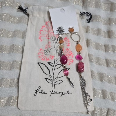 Free People Pink Yellow & Silver Bead Chain Long Earrings ''There She Goes'' NWT
