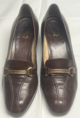 Womans Vintage Gucci Brown Leather Chain Horsebit Block Heel Pumps Size 38 1/2 B