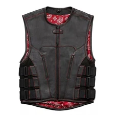 Men's Black Leather Motorcycle Biker Club Vest W Side Straps &Red Paisley Lining