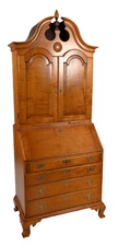 ELDRED WHEELER TIGER MAPLE TWO-PART BONNET-TOP SECRETARY DESK WITH BOOKCASE