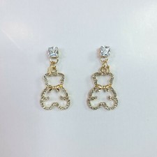 E0786 Clear Rhinestones Deco Teddy Bear Outline Shape Drop Dangle Post Earrings