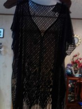 BLACK SHEER PONCHO STYLE SHAWL W/ FRINGE DESIGN BEACH COVER-UP ONE SIZE NEW