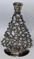 Silver Plated Candle Holder Christmas Tree Shaped 10” Tall Decorated 2-Sided