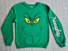 Dr Seuss The Grinch Face Womens XS Green Crewneck Sweatshirt Naughty Long Sleeve