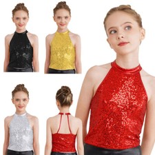 UK Kids Girls Sequins Halter Neck Sleeveless Crop Tops Dance Tank Tops Dancewear