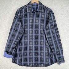Bugatchi Uomo Shirt Mens L Blue Geometric Classic Fit Flip Cuff Button Up