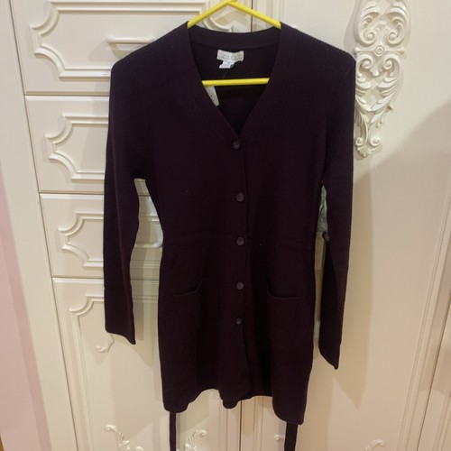 TWEEDS ITALIENISCHE MERINOWOLLE GERIPPTER CARDIGAN MIT GÜRTEL PULLOVER AUBERGINE TASCHEN M NEU MIT ETIKETT - Bild 11 von 16