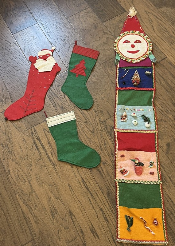 Vintage Handmade Christmas Stockings Felt Sequin Santa Claus Lot & Card Holder