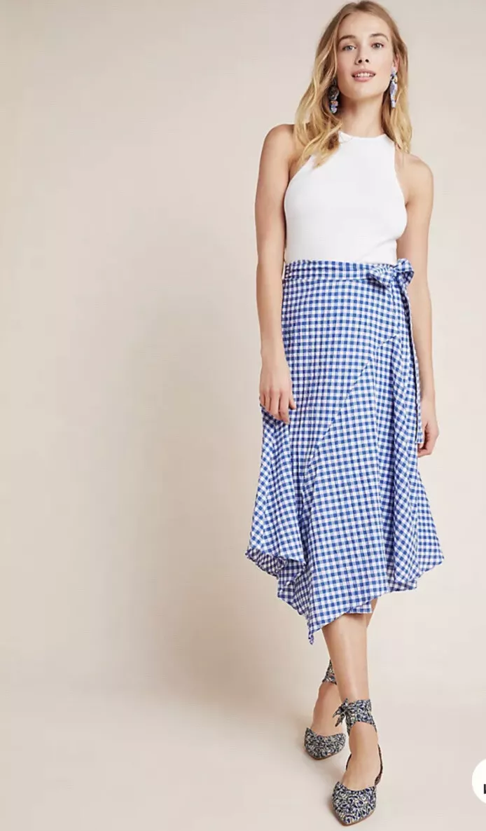 Anthropologie x Maeve Glenna Blue White Gingham Faux Wrap Midi