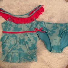 NEW  JUSTICE Girls Size 12 Tankini Swimsuit Set  Hot Pink Fringe Tie-Dye Aqua