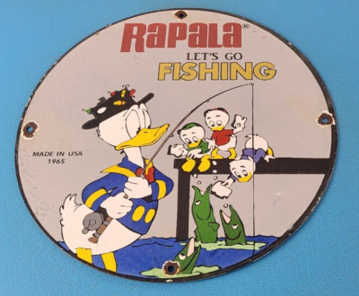 Vintage Rapala Fishing Lures Ad Sign - Donald Duck Porcelain Gas Pump Plate Sign