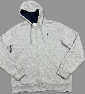 US Polo Assn. Men's Gray Full Zip Cotton Fleece Hoodie L Solid Pockets