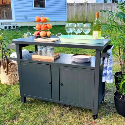 51 In. Grey Metal Outdoor Grill Cart Kitchen Dining Table Cooking Prep BBQ Table