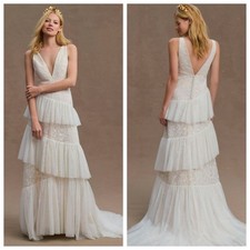BHLDN Otto Wedding Dress Floral Embroidered Blush Lace Tiered Gown Size 6