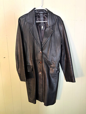 Gian Mori Women s Black Leather Button-Front Lined Mid-Length Coat, L
