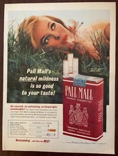 1963 Pall Mall Cigarettes Vintage Print Ad Woman Laying in Grass