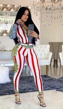 Women Fashion Two-Piece Sexy Print Long Sleeve Cropped Jacket Long Pants Set 
