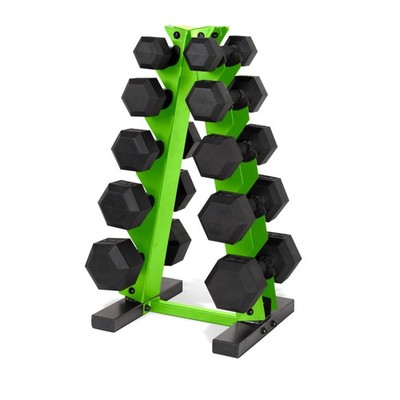 Dumbbell Set 150 LB Black Handle Coated Hex Green Rack SDRS-150R-12BISGR