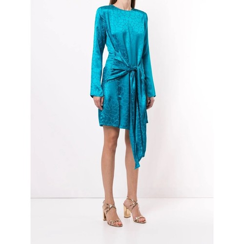 The Andamane Knot Front Teal Mini Satin Dress Long Sleeve Womens Size XS