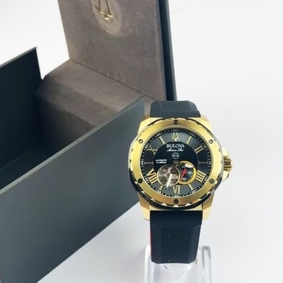 Bulova Marine Star A Automatic Men's Watch Black Gold Dial Rubber Strap 98A272
