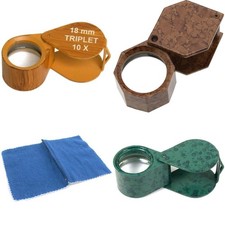 3 10X Jewelers Loupes Wood Grain, Brown  Green  Silver Gold Polishing Cloth