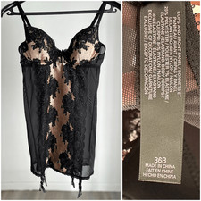 Victoria  s Secret Lace Bustier Chemise with Garters Black  Nude Size 36B