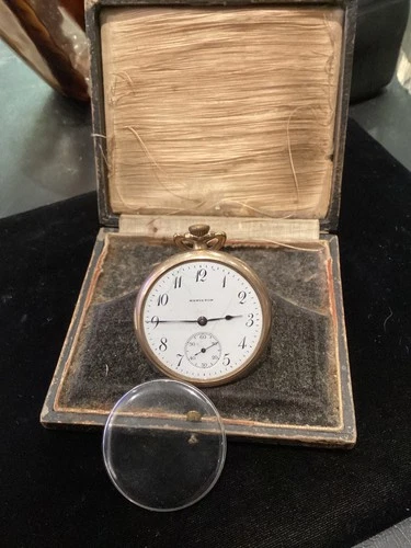 INCREDABLE ANTIQUE IN ORIGINAL FITTED CASE HAMILTON GOLD FILLED POCKET WATCH NR