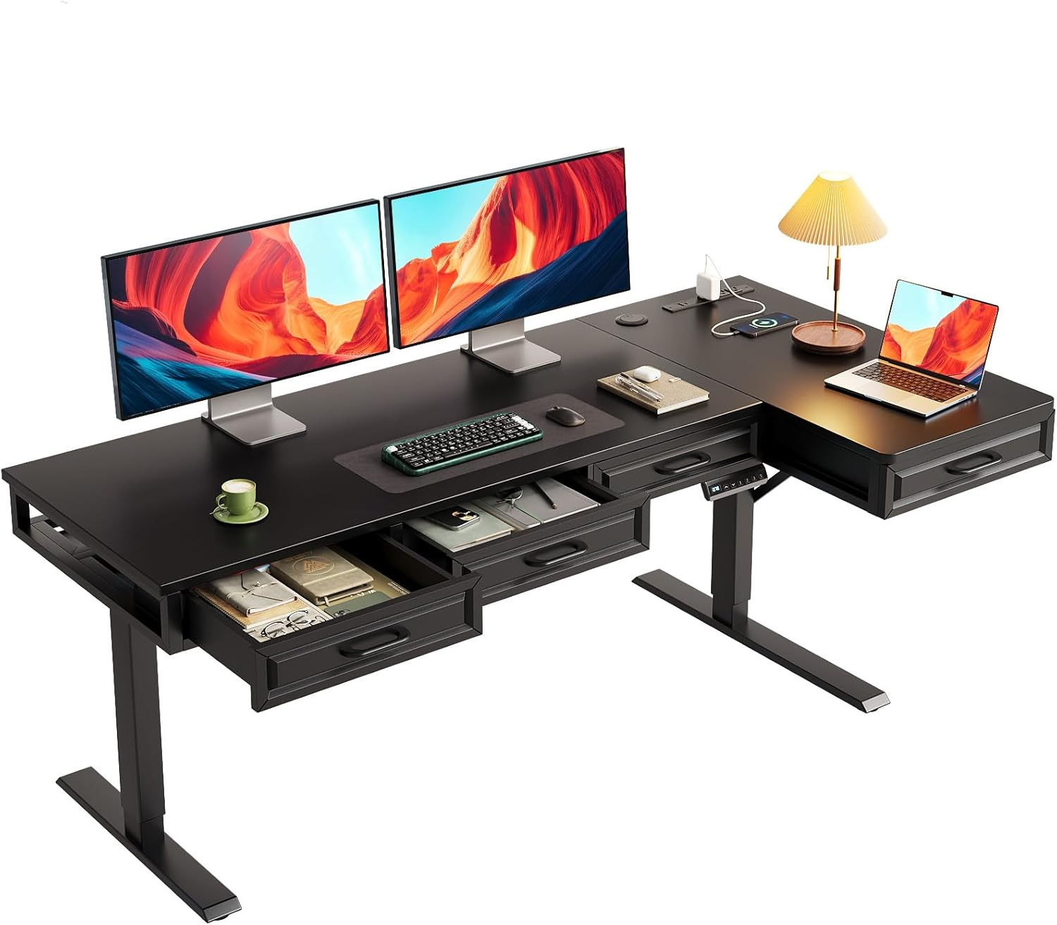 Offigo L Shaped Electric Standing Desk with Wooden Drawers, 63 Inch Height Adjus