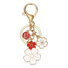 Initial Keychain Flower Charm Letter-U Key Chain Cute Cherry Blossom Red