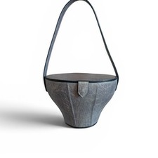 STAUD Croc Embossed Leather Sculptural Bucket Bag Dusty Blue Vanity Mirror Lid