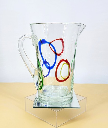 Brocca vetro artistico grande soffiato a mano anni 90 colori vivaci anelli manico applicato pesante - Foto 3 di 11