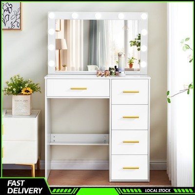 White Large Mirror Makeup Vanity with 11 LED 3 Light Modes and 5 Storage Drawers