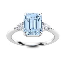Emerald Cut 8x6 MM Natural Aquamarine 925 Sterling Silver Three Stone Women Ring
