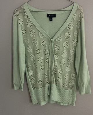 AB Studio Cardigan Sweater Womens XL  Green 3/4 Sleeve Knit Button Up Sheer Fron
