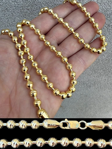 6mm Ball Bead Chain Moon Cut Dog Tag Mens Necklace 14k Gold Over 925 Silver
