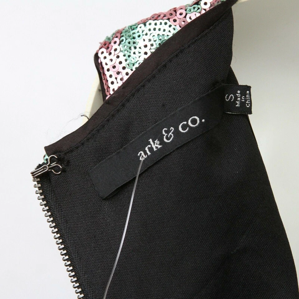 Vestido formal feminino Anthropologie Ark & Co preto rosa verde lantejoulas sem mangas P - Imagem 4 de 4