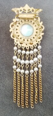 Broche Vintage Lune Turquoise - Métal Doré Avec Cabochon De Verre - Occasion