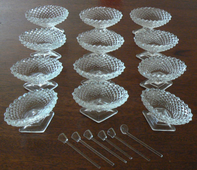 12 Open Salt Cellar Nut Dip Pedestal Clear Westmoreland Engl Hobnail + 6 spoons