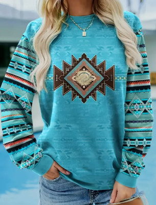 Damen Boho-Chic Azteken-Druck Sweatshirt - Lässiger Rundhalsausschnitt, Langarm